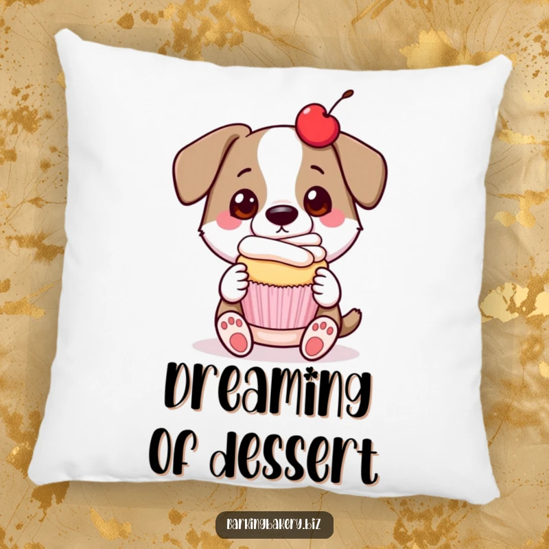 Funny dog pillow depicting a proud dog presenting a cupcake with a cherry on top, embodying sweet accomplishment.