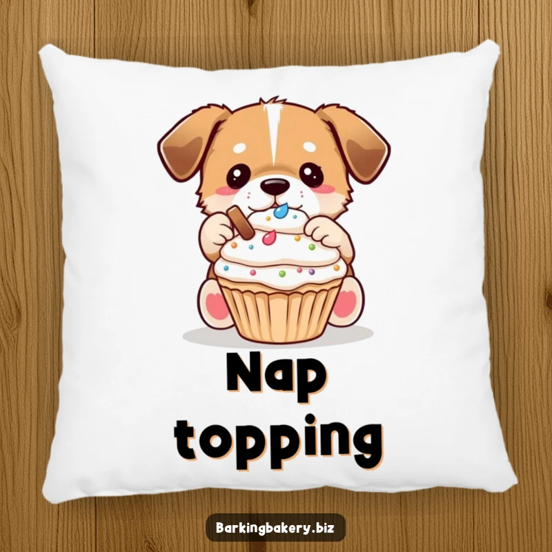 Funny Dog Decorator Pillow: A dog carefully places toppings on a cupcake, a humorous and comfy accent.