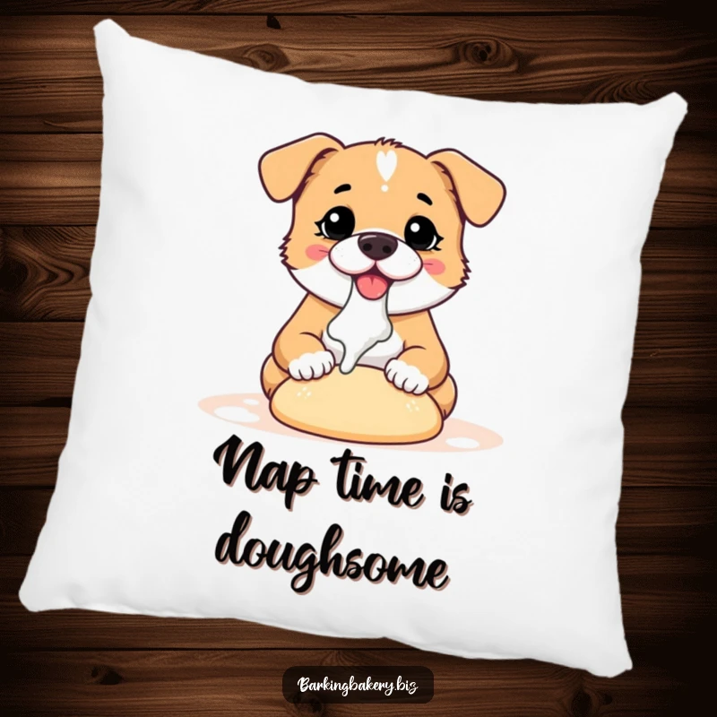 Funny dog pillow with a charming illustration of a small dog covered in flour, enthusiastically kneading dough, soft and cuddly.