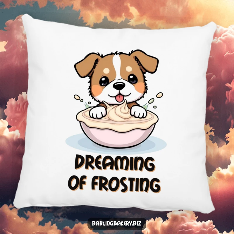 Funny pillow featuring an overjoyed dog blissfully splashing and playing inside a large bowl of frosting.