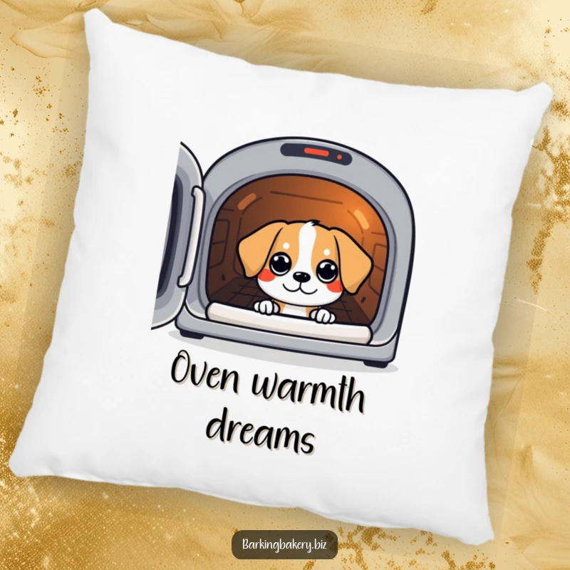 Funny pillow design of a dog peeking with eager eyes into a warm oven, waiting for treats.