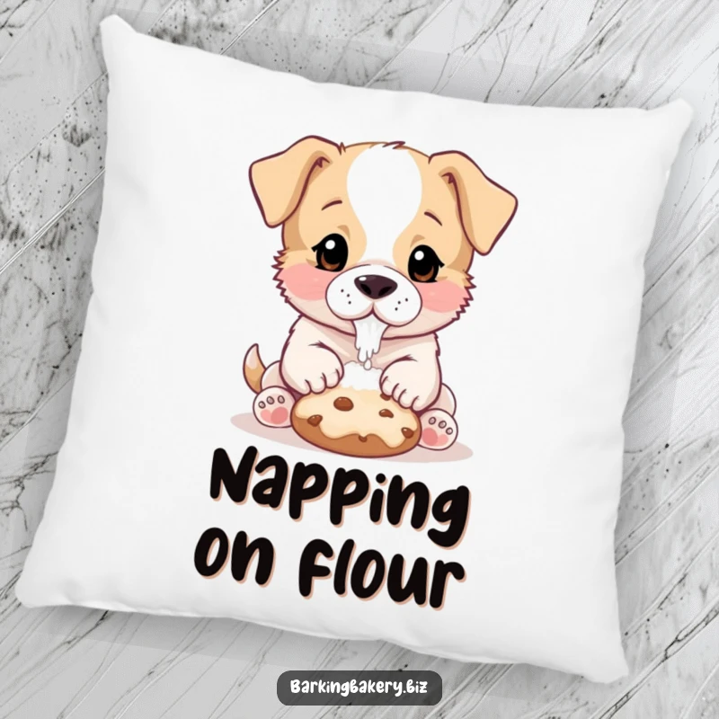 Funny Puppy Baker Pillow: A cute puppy with a floury nose pats a cookie, a humorous and soft accent.