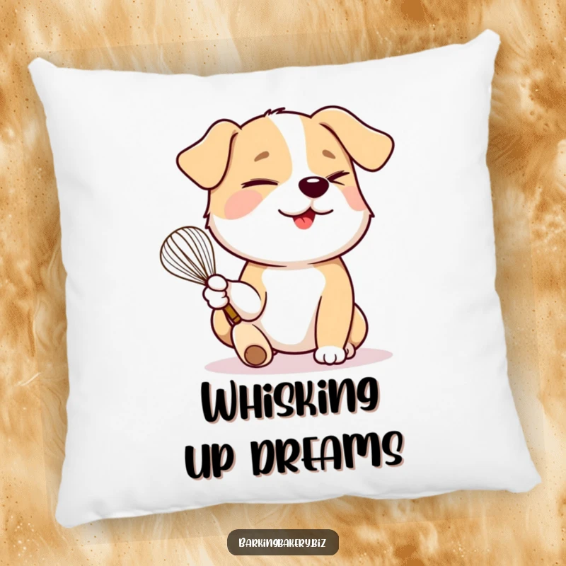 Funny dog holding a whisk winks playfully, creating a soft and humorous accent pillow.