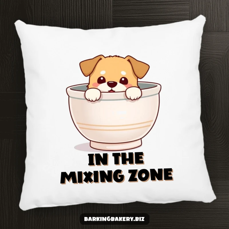 Funny Pillow: Dog peeks from a mixing bowl with a delighted expression, creating a cozy and humorous accent.