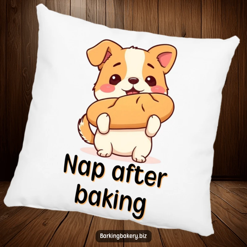 Funny dog pillow showcasing a proud puppy holding a perfectly baked loaf of bread, celebrating its baking success.