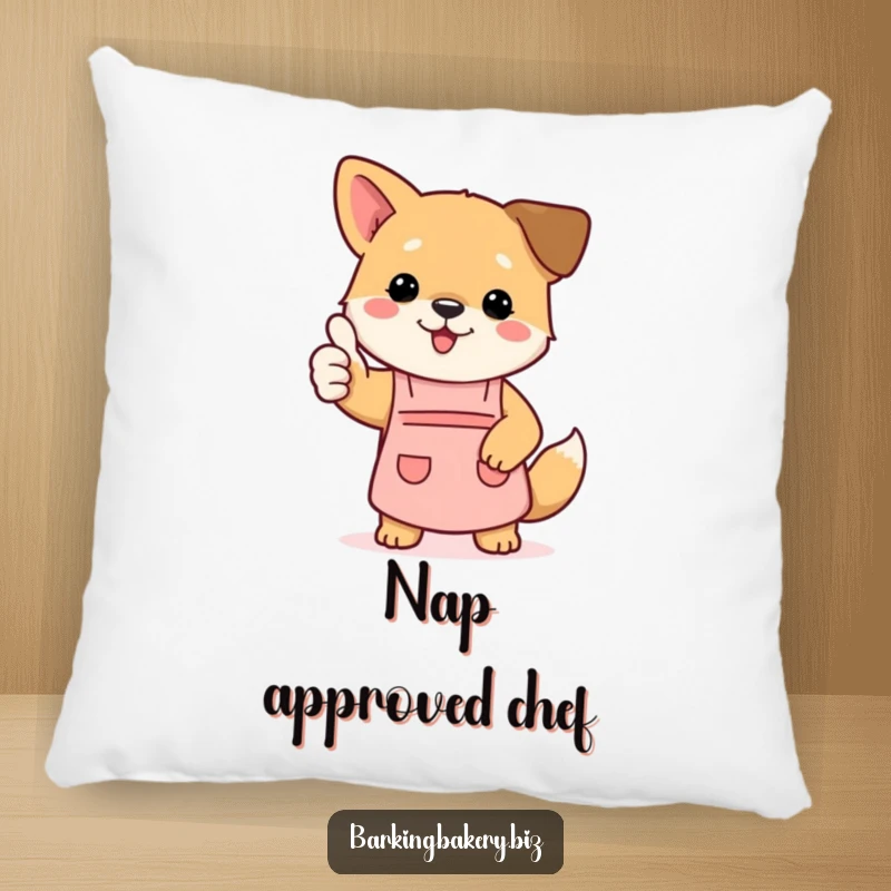 Funny dog pillow with a cute puppy wearing a tiny apron and giving a thumbs up, adding cheerful decor.