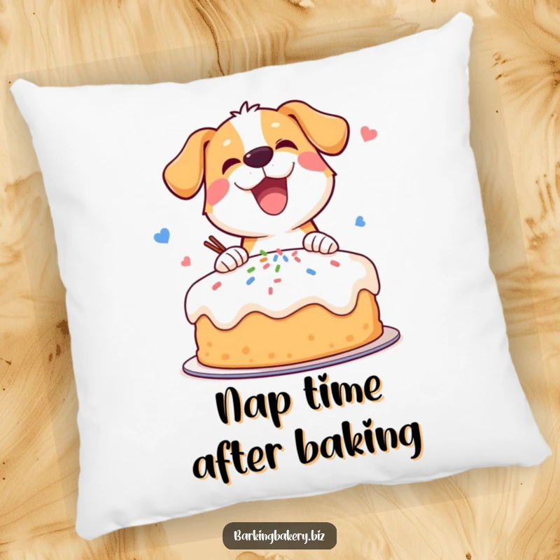 Funny pillow featuring an adorable dog with intense focus and enthusiasm decorating a cake with sprinkles.