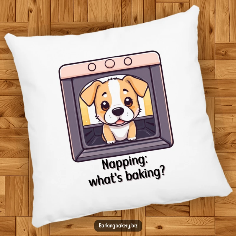 Funny Pillow: A dog peeks into an oven with curious eyes, offering a soft, humorous, and decorative accent.