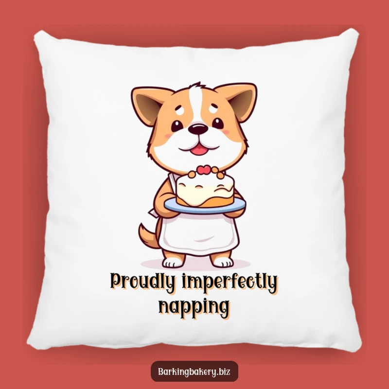 Funny Determined Dog Baker Pillow: Cozy Pup with Lopsided Cake, Soft Accent Pillow Funny Gift