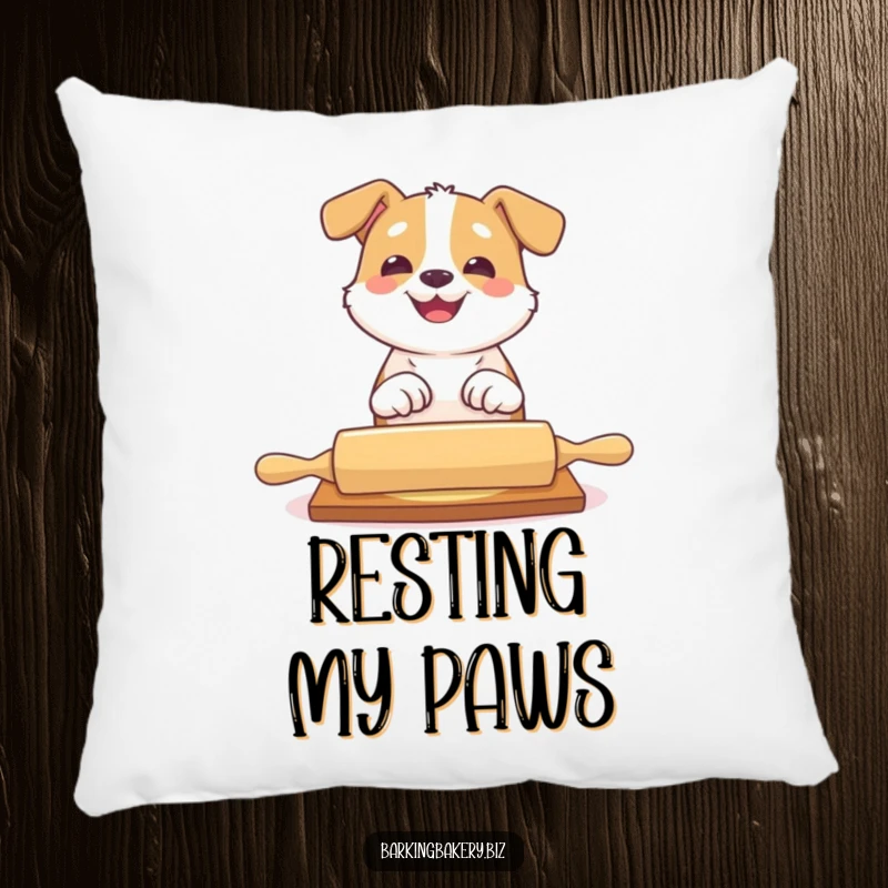 Funny dog pillow with a dog playfully batting at a rolling pin with a big grin, adding comfort and humor.