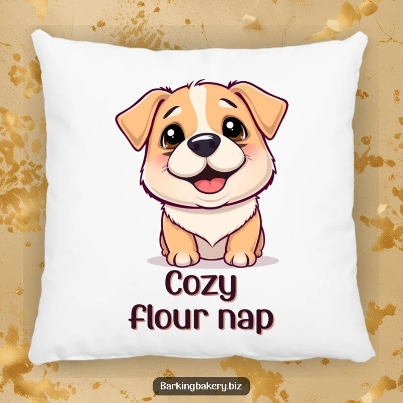 Funny Pillow: A dog with flour on its nose wiggles happily, creating a cozy and cheerful accent.