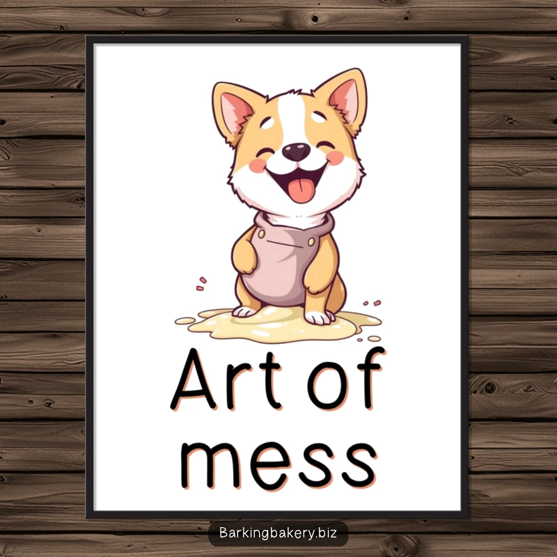 Funny digital art print of a dog chef spilling batter with a happy giggle, perfect for instant humorous decor.