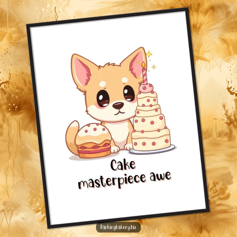 Funny dog digital art, a dog with starry eyes gazes at a towering cake, whimsical and humorous printable art for cake lovers.
