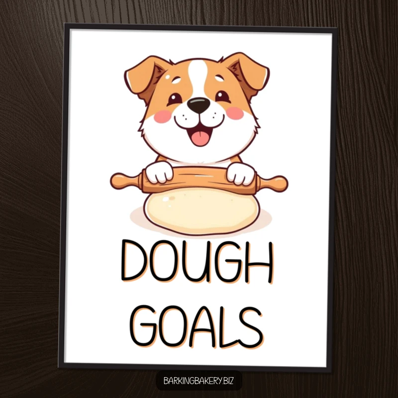 Funny Dog Baker Digital Art: A happy dog uses a rolling pin on puffed dough, a humorous printable.