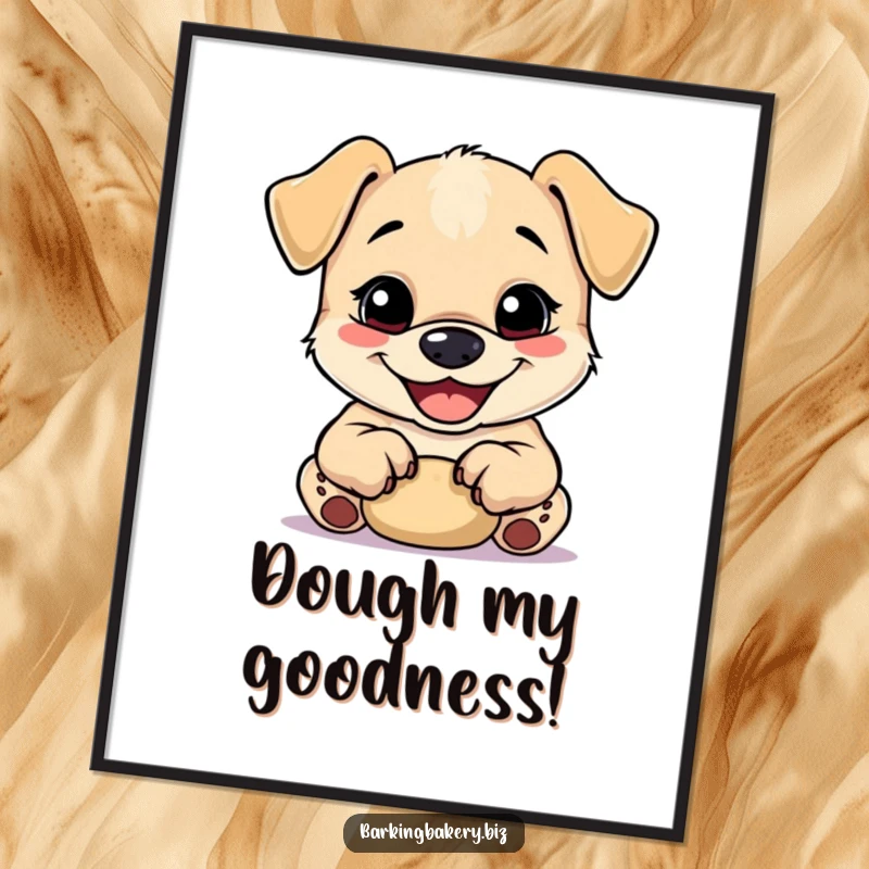 Funny happy puppy kneading dough with tiny paws, a downloadable digital art print for humorous decor.