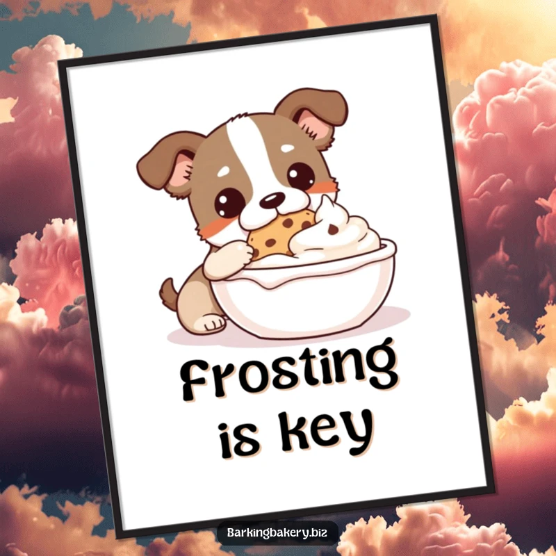Funny Cookie Monster Dog Digital Art: A dog dips a cookie into frosting, a humorous and sweet printable.