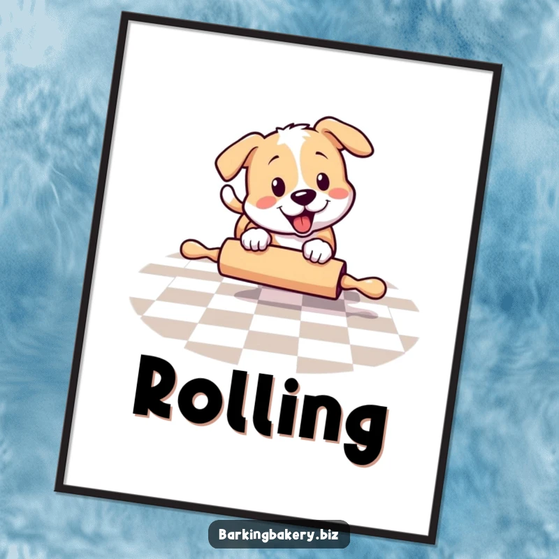 Funny dog playfully chasing a rolling pin on a checkered floor, a high-resolution digital art print, perfect funny gift.
