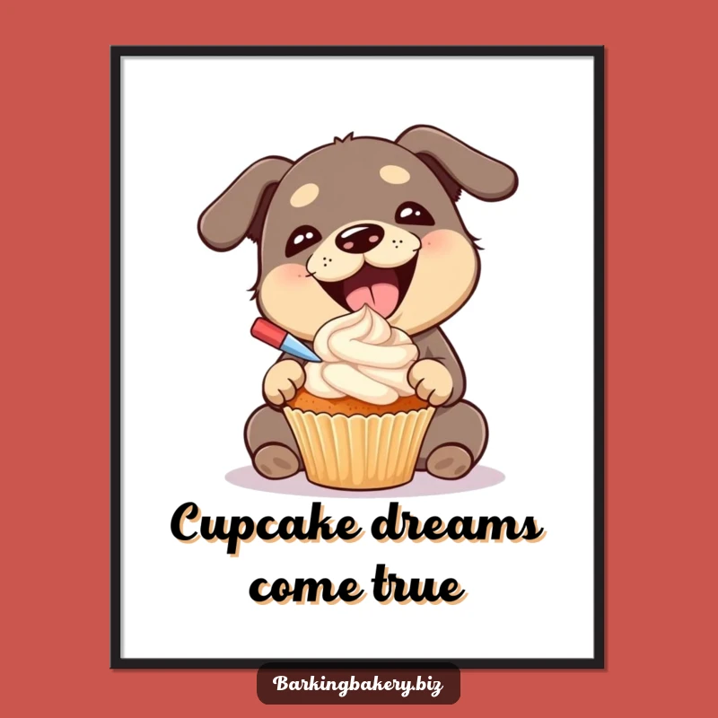 Funny Dog Art Print: Gleeful Pup Frosting Cupcake - Instant Hilarious Decor Gift