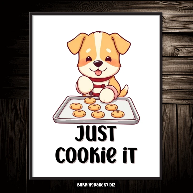 Funny dog digital art print showing a dog wearing oven mitts, carefully placing cookies on a baking sheet, cheerful and artistic.