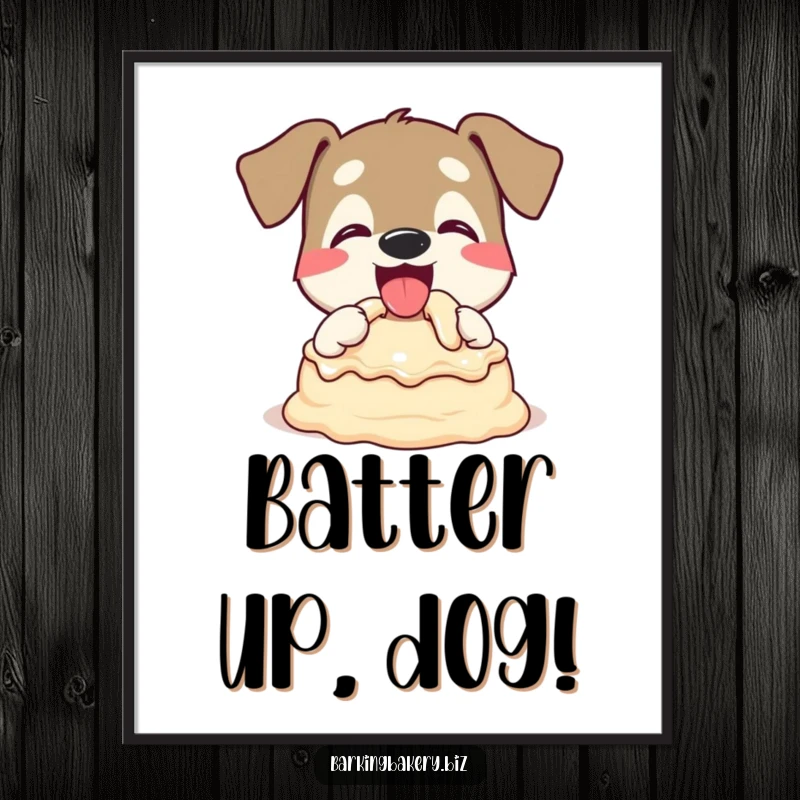 Funny Dog Digital Art: A dog happily tasting cake batter with a wagging tail, bringing sweet humor. Giftable.