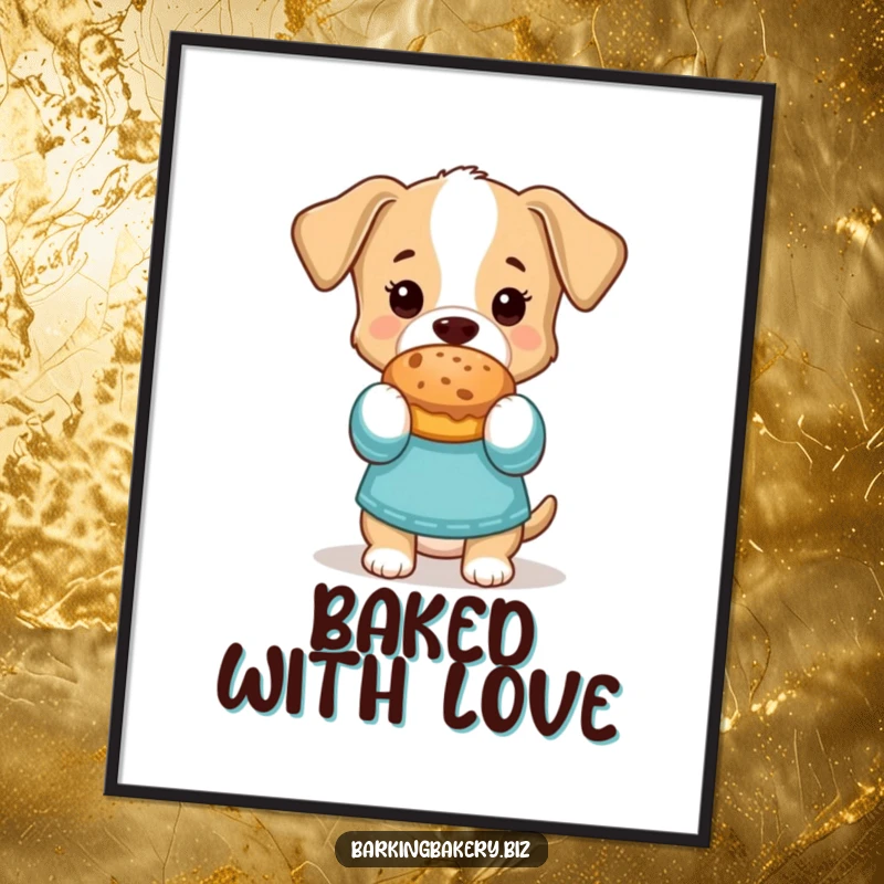 Funny Digital Art Print: Dog in oven mitts proudly holds a baked treat, showcasing baking success and joy.