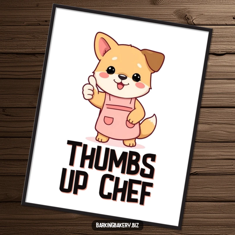 Funny dog digital art print of a puppy in an apron giving a thumbs up, adding kitchen humor to your space.