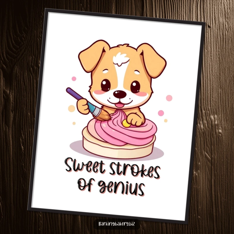 Funny dog digital art print of a cute pup artistically swirling colorful frosting with a paintbrush.