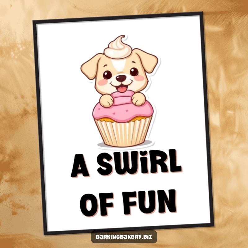 Funny digital art print of a small dog happily frosting a cupcake with a swirled dollop, adding sweet cheer to any room.