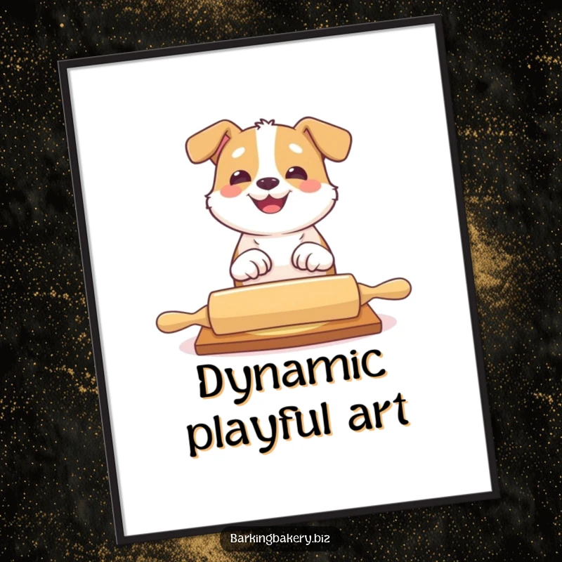 Funny dog digital art print of a dog playfully batting at a rolling pin with a big grin, joyful kitchen art.