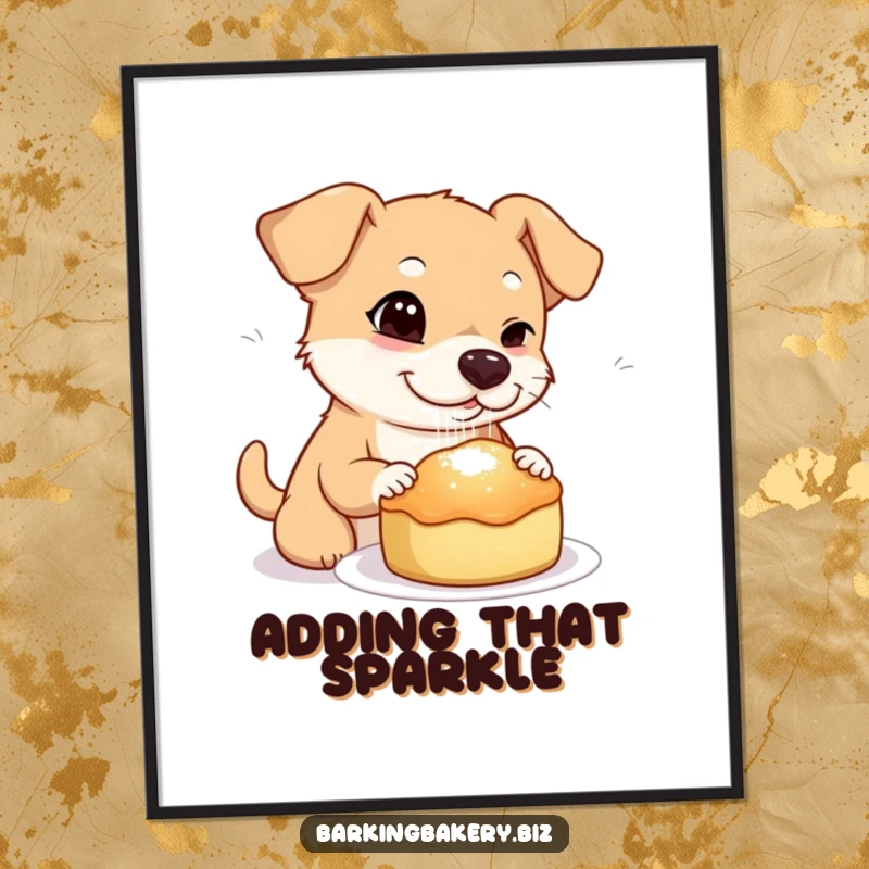 Funny dog digital art print of a dog winking while sprinkling sugar onto a freshly baked treat, embodying playful expertise.