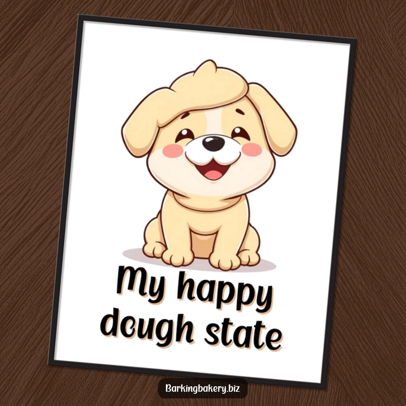 Funny digital art print of a dog completely covered in sticky dough, wiggling with pure, unadulterated glee.