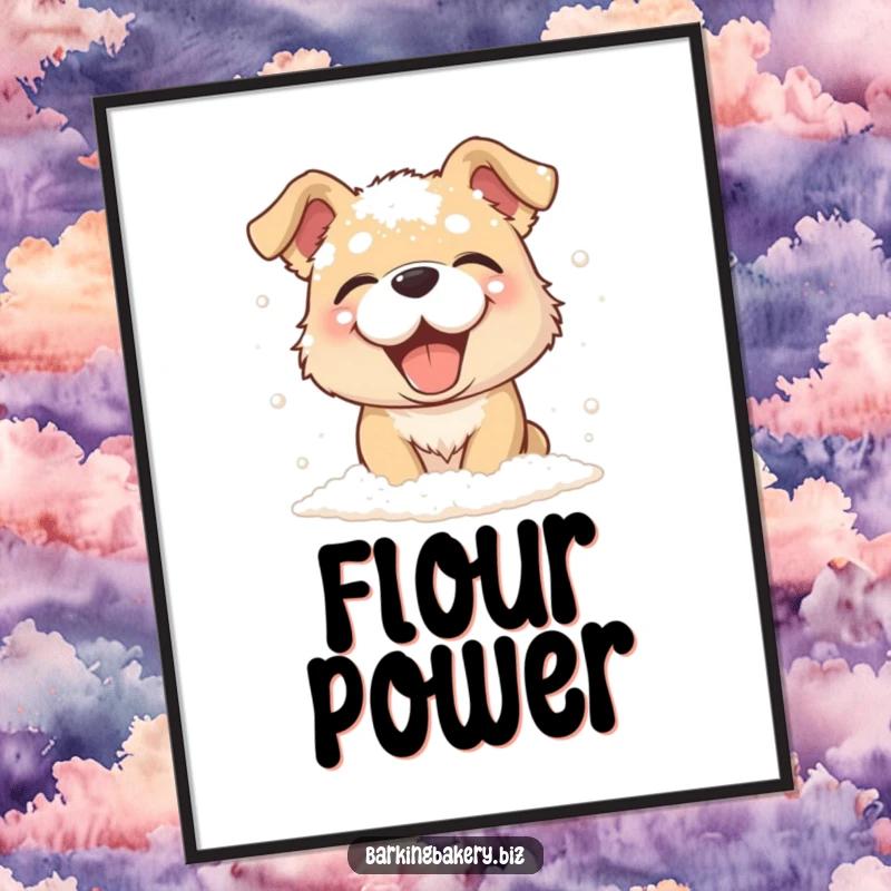 Funny dog giggling while covered in a dusting of flour, a high-resolution digital art print, perfect funny gift.