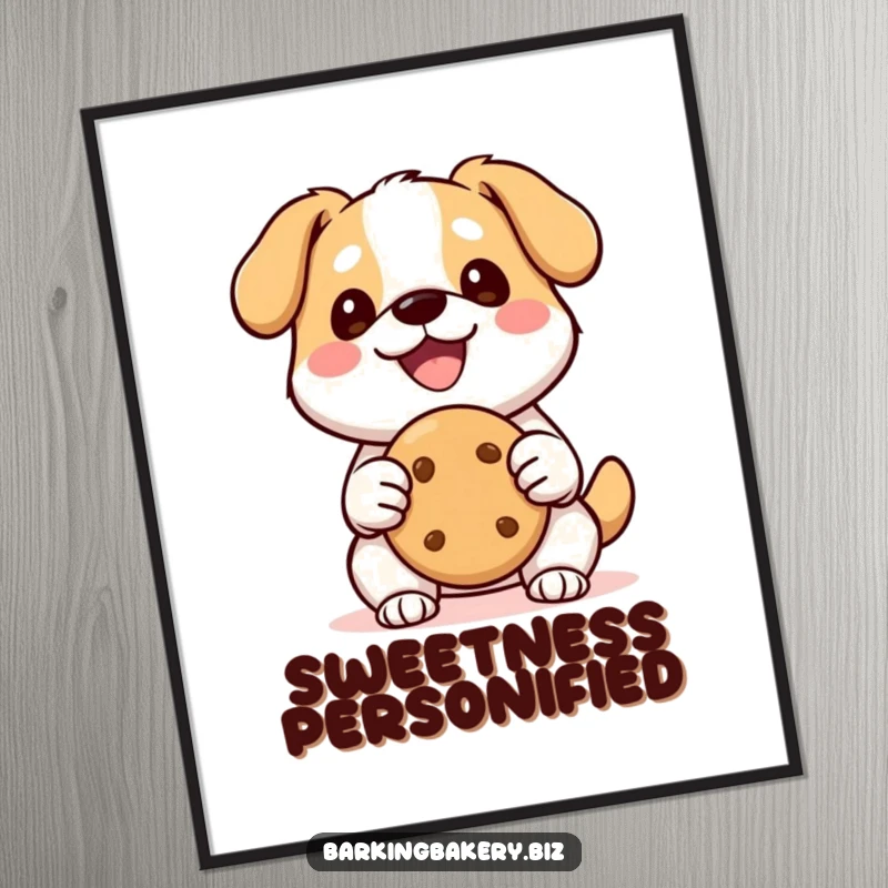 Funny Kawaii Dog Digital Art Print: A happy, smiling kawaii dog holds a perfect cookie, radiating pure joy and sweetness.