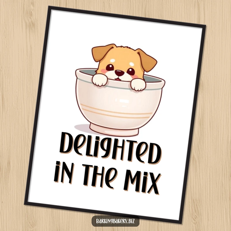 Funny Digital Art Print: Dog peeks from a mixing bowl with a delighted expression, full of joy and curiosity.