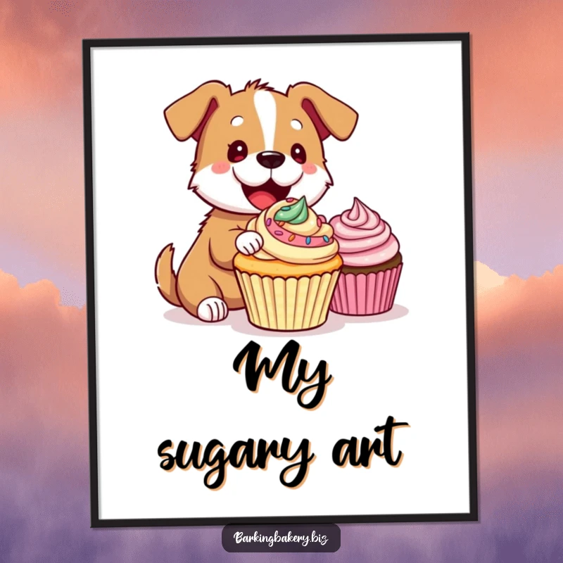 Funny Digital Art Print: A dog enthusiastically decorates a cupcake with colorful frosting, bursting with joyful energy.