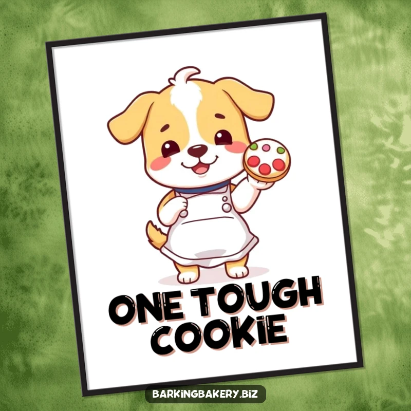 Funny dog in apron proudly displays a decorated cookie, a downloadable digital art print for humorous decor.