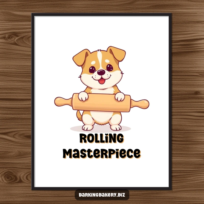 Funny digital art print showing a dog hilariously using a rolling pin that is significantly larger than its body.