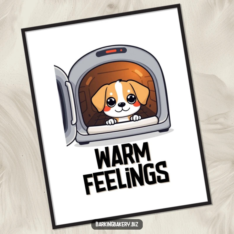 Funny digital art print showing a dog peeking with eager eyes into a warm oven.
