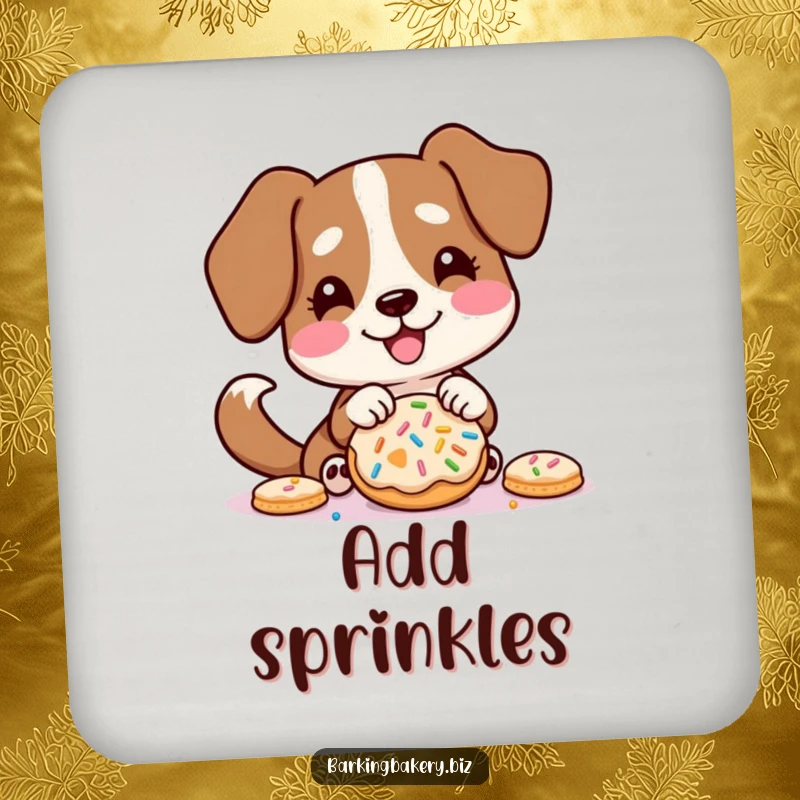 Funny drink coaster with an image of a dog excitedly decorating a cookie with sprinkles, tail wagging.
