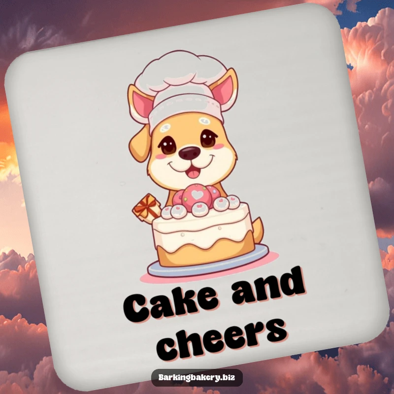 Funny Coasters: A dog in a chef hat proudly presents a cake, protecting surfaces with humorous and artistic flair.