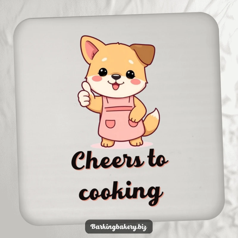 Funny dog coaster featuring a puppy in a tiny apron giving a thumbs up, protecting tables from drinks.