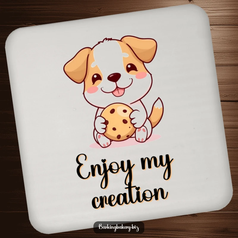Funny dog coasters, a proud dog offers a perfect cookie with a smile, great for protecting tables with a baking theme.