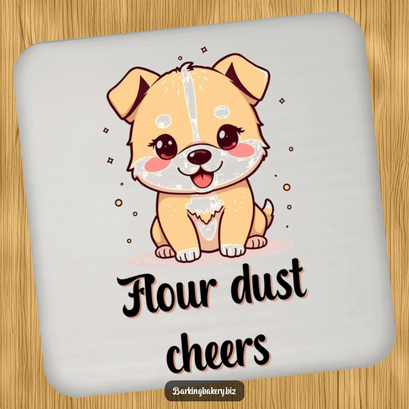 Funny drink coaster featuring a cheerful dog sprinkling flour, protecting surfaces with baking-themed humor.
