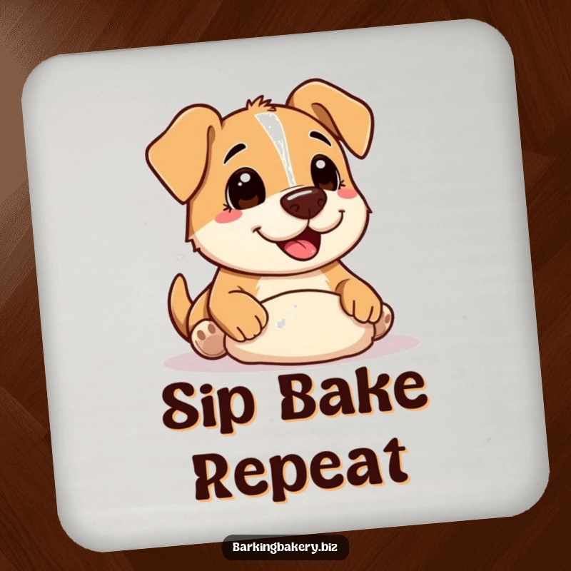 Funny Coasters: A dog with a floury nose happily shaping dough, protecting surfaces with adorable and humorous baking-themed art.