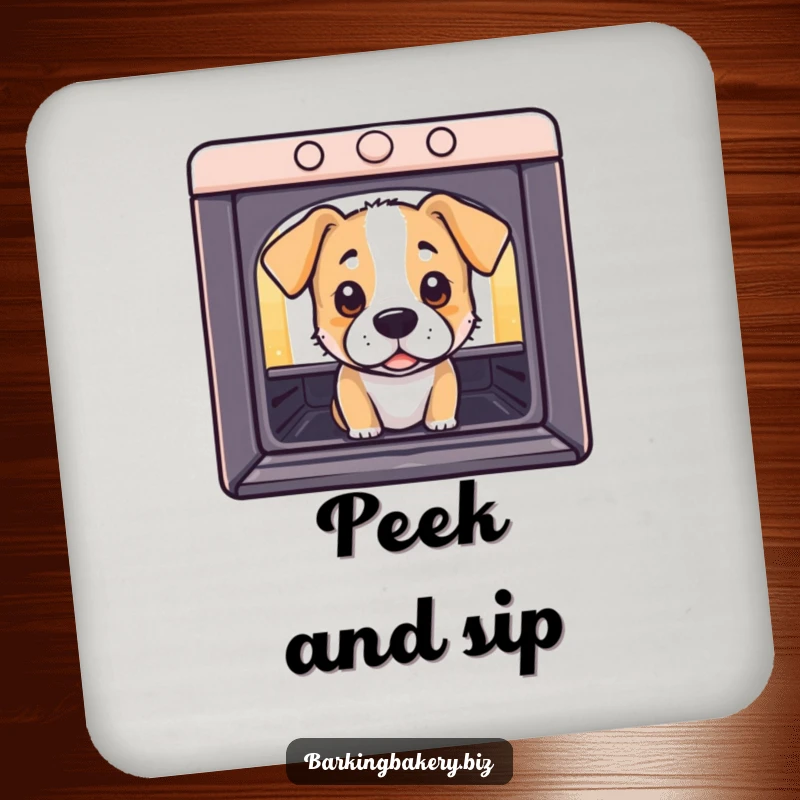 Funny Coasters: A dog peeks into an oven with curious eyes, protecting surfaces with humorous and charming baking art.