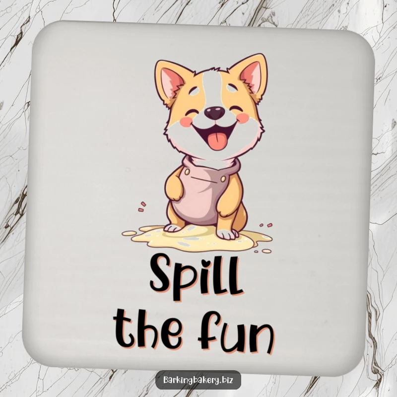 Funny drink coaster with a dog chef giggling as batter spills, a humorous and protective table accessory.