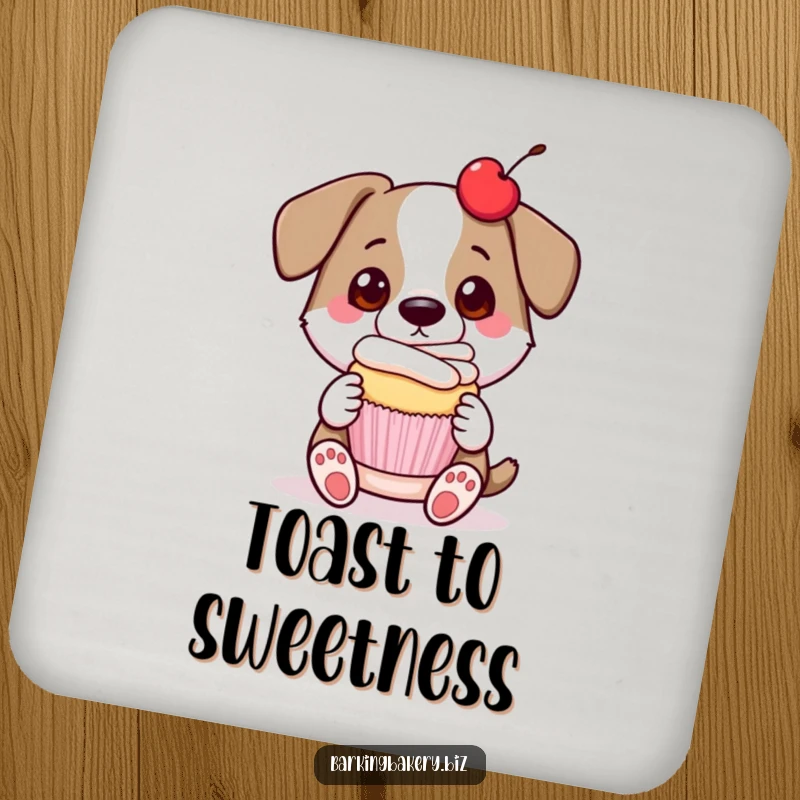 Funny dog coaster featuring a proud dog presenting a cupcake with a cherry on top, adding a touch of sweetness.