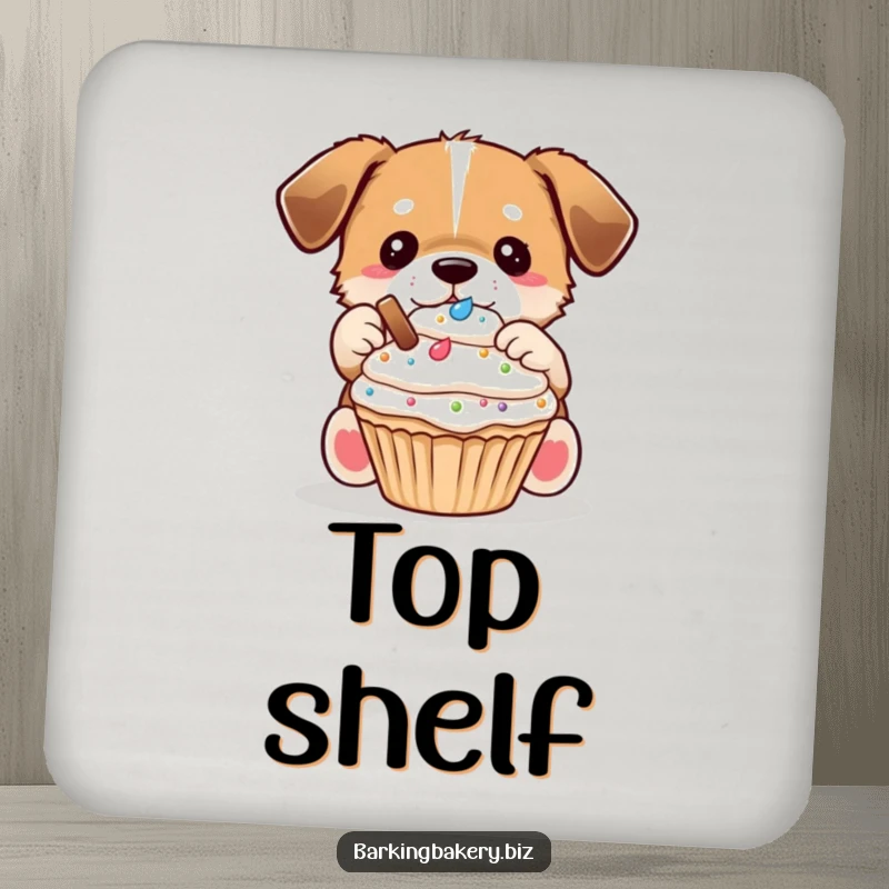 Funny Dog Decorator Coaster: A dog carefully places toppings on a cupcake, protecting surfaces with humor.