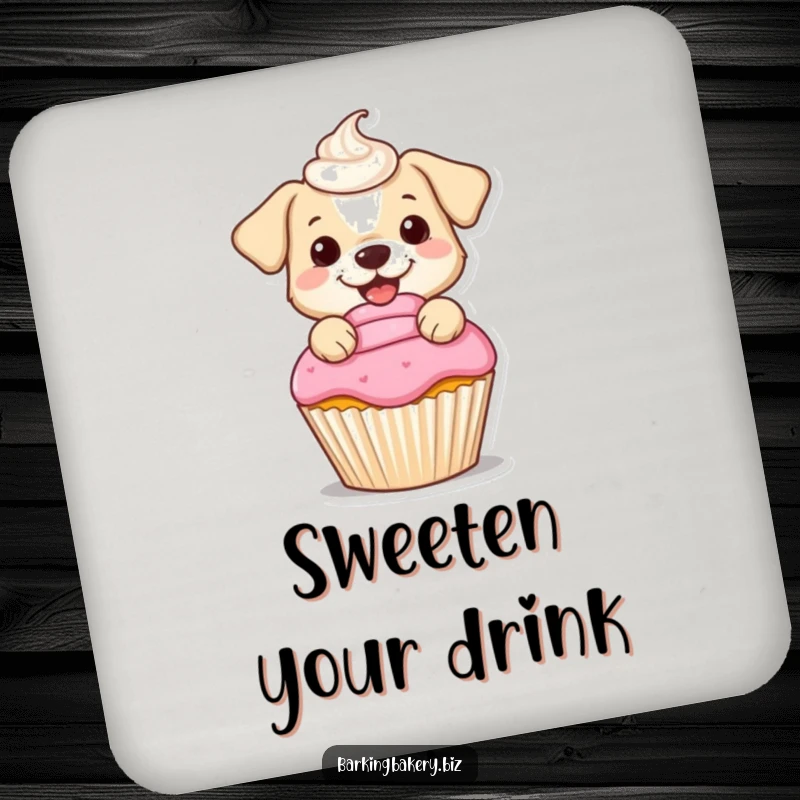 Funny coasters featuring a small dog cheerfully frosting a cupcake with a swirled dollop, perfect for kitchen and dining areas.