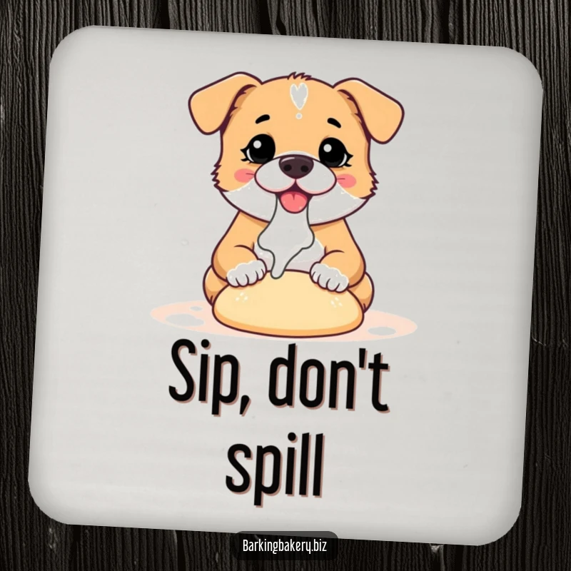 Funny dog coaster showing a small, happy dog covered in flour, busy kneading dough, protecting surfaces with charm.